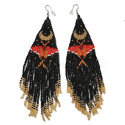 Bohemia Woven Glass Seed Bead Dangle Earrings, Tassel Chandelier Iron Earrings for Women, Butterfly, Colorful, 155mm, Pendant: 140x40mm(EJEW-A046-01B)
