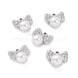 Alloy Rhinestone Pendants, with ABS Plastic Imitation Pearl Beads, Bowknot Charm, Platinum, 17x17x10mm, Hole: 2.5mm(ALRI-C008-66P)