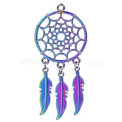 Rainbow Color Alloy Big Pendants, Woven Net/Web with Feather, 60x27mm, Hole: 2mm(FEAT-PW0001-107A)