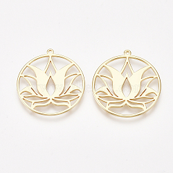 Brass Pendants, Ring with Lotus Flower, Nickel Free, Real 18K Gold Plated, 27x25x1mm, Hole: 1mm(X-KK-S350-189)