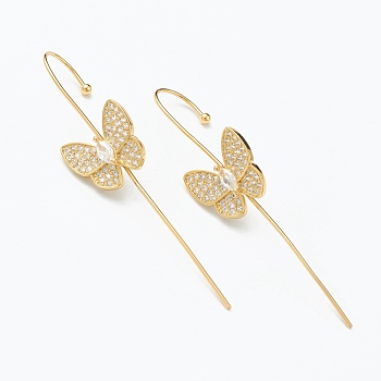 Brass Micro Pave Clear Cubic Zirconia Ear Wrap Crawler Hook Earrings, Butterfly, Real 18K Gold Plated, 56x13.5mm, Pin: 1mm