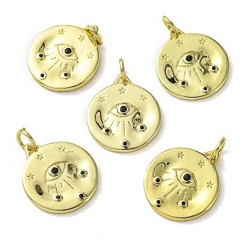 Rack Plating Brass Micro Pave Cubic Zirconia Pendants,  Long-Lasting Plated, Lead Free & Cadmium Free, Flat Round with Evil Eye, Real 18K Gold Plated, 17x15x1.8mm