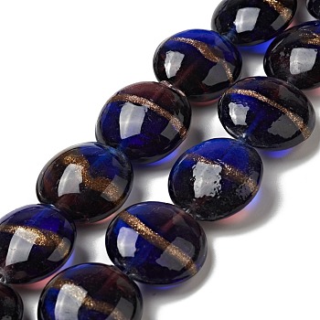 Handmade Gold Sand Lampwork Beads Strands, Flat Round, Midnight Blue, 21x11mm, Hole: 1.2mm, about 18pcs/strand, 13.98 inch(35.5cm)
