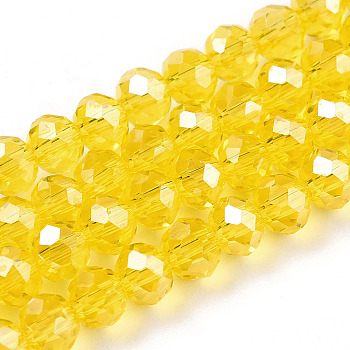 Electroplate Glass Beads Strands, Pearl Luster Plated, Faceted, Rondelle, Yellow, 4x3mm, Hole: 0.4mm, about 113~115pcs/strand, 41~42cm