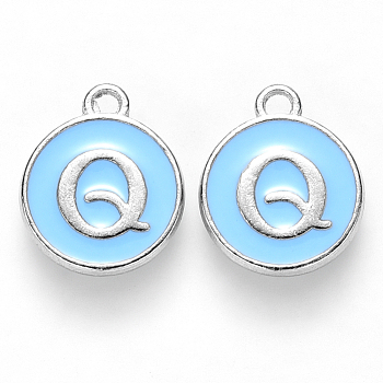 Platinum Plated Alloy Enamel Charms, Cadmium Free & Lead Free, Enamelled Sequins, Flat Round with Letter, Letter.Q, 14x12x2mm, Hole: 1.5mm