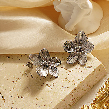 304 Stainless Steel Stud Earrings for Women, Flower, Stainless Steel Color, 26x23mm