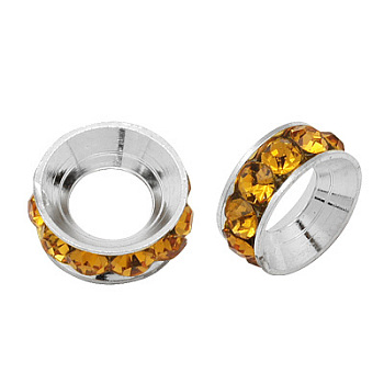 Brass Rhinestone Spacer Beads, Grade A, Rondelle, Silver Color Plated, Topaz, 10x4.2mm, Hole: 5.2~5.7mm