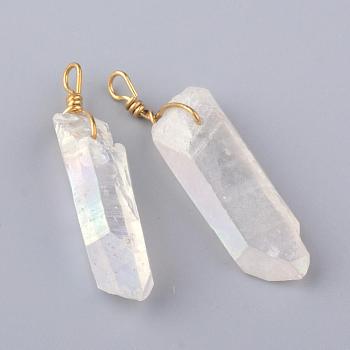 Electroplate Natural Quartz Crystal Pendants, Rock Crystal, with Brass Findings, Clear, 35~50x8~13x6~11mm, Hole: 3mm
