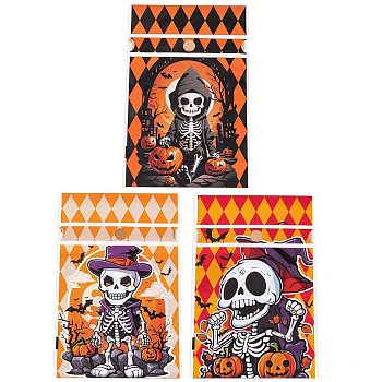 50Pcs Rectangle Halloween Candy Plastic Bags, Skeleton Printed Candy Drawstring Bags, Dark Orange, 23.2x14.9x0.05cm