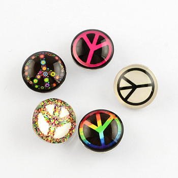 Brass Jewelry Snap Buttons with Peace Sign Glass Beads, Flat Round, Mixed Color, 18x10mm