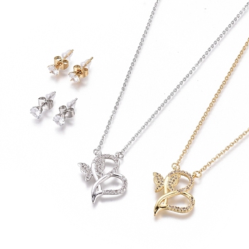 304 Stainless Steel Jewelry Sets, Brass Micro Pave Cubic Zirconia Pendant Necklaces and 304 Stainless Stud Earrings, with Plastic Ear Nuts/Earring Back, Heart with Butterfly, Clear, Golden & Stainless Steel Color, 18.11 inch(46cm), 1.5mm, 15x5.5mm, Pin: 0.7mm