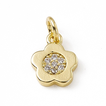 Brass Micro Pave Cubic Zirconia Charms, with Jump Rings, 5-Petal Flower Charm, Real 18K Gold Plated, 9.5x7.7x1.5mm, Hole: 3mm