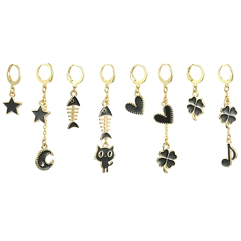 4 Set 4 Style Alloy Enamel Dangle Leverback Earrings Set, Asymmetrical Earrings, Moon & Star & Cat & Clover, Black, 29~67x8.5~14mm, 1 Set/style