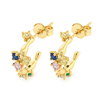 Colorful Cubic Zirconia Heart Stud Earrings, Rack Plating Brass Half Hoop Earrings, Long-Lasting Plated, Cadmium Free & Lead Free, Real 18K Gold Plated, 15x6.5mm