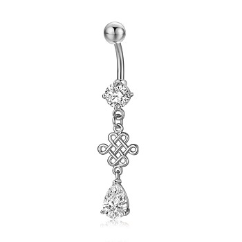 Piercing Jewelry, Brass Cubic Zirciona Navel Ring, Belly Rings, with 304 Stainless Steel Bar, Lead Free & Cadmium Free, Chinese Kont, Clear, 47mm, Pendant: 25.5x10mm, Bar: 14 Gauge(1.6mm), Bar Length: 3/8"(10mm)