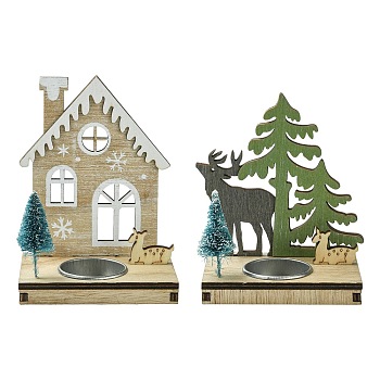 1 Set 2Pcs 2 Styles Christmas Wooden Candlestick Mixed Colors, Mixed Shapes, 9.5x6.5x12cm