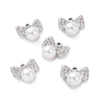 Alloy Rhinestone Pendants, with ABS Plastic Imitation Pearl Beads, Bowknot Charm, Platinum, 17x17x10mm, Hole: 2.5mm