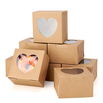 Square Paper Biscuit Boxes with Heart Clear Window, for Party, Wedding, Bakery Box, Tan, 10x10x6.5cm, Window: 62x70mm