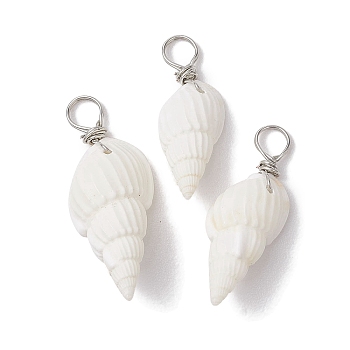 Natural Trumpet Shell Pendants, Shell Shape Charms with Copper Wire Loops, Platinum, 25~30.5x9.5~12x7.5~9.5mm, Hole: 3.5mm