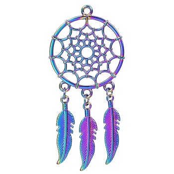 Rainbow Color Alloy Big Pendants, Woven Net/Web with Feather, 60x27mm, Hole: 2mm