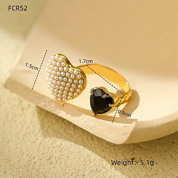 304 Stainless Steel Micro Pave Cubic Zirconia Open Cuff Rings for Women, with Plastic Imitation Pearl, Golden, Heart, Inner Diameter: 17mm