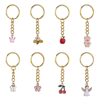 8Pcs Alloy Enamel Pendants Keychain, with Iron & 304 Stainless Steel Findings, Apple & Angle & Bee & Butterfly, Mixed Color, 6.1~7.2cm, 8pcs/set