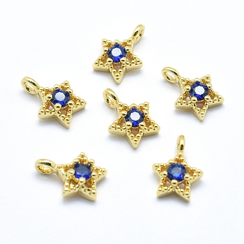 Brass Charms, with Cubic Zirconia, Lead Free & Cadmium Free & Nickel Free, Star, Blue, Real 18K Gold Plated, 11x7.5x4mm, Hole: 2mm