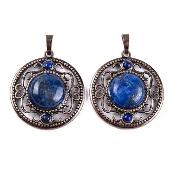 Natural Lapis Lazuli Dyed Pendants, Rack Plating Brass Hollow Flat Round Charms, Cadmium Free & Lead Free, Red Copper, 36.5x33x9.5mm, Hole: 7.5x5mm