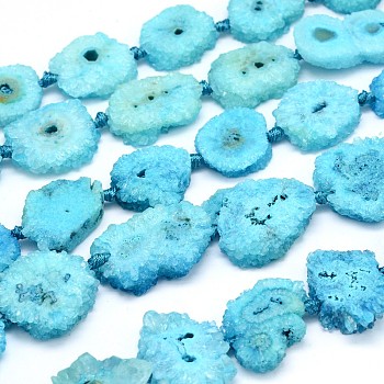 Dyed Natural Druzy Geode Agate Nugget Bead Strands, Light Sky Blue, 20~26x19~25x7~8mm, Hole: 1mm, about 19~20pcs/strand, 17.3 inch