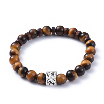 Natural Tiger Eye Stretch Bracelets, with Wood Beads and Tibetan Style Alloy Beads, Cube with Om Symbol, 2-3/8 inch(5.9cm)