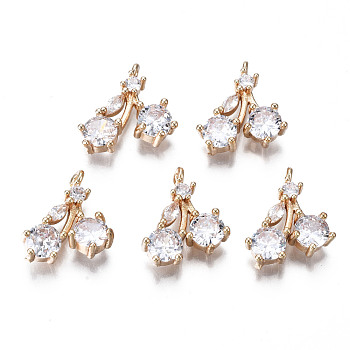 Brass Micro Pave Clear Cubic Zirconia Charms, Long-Lasting Plated, Cadmium Free & Lead Free, Cherry, Light Gold, 14x12~13x4~5mm, Hole: 1.2mm