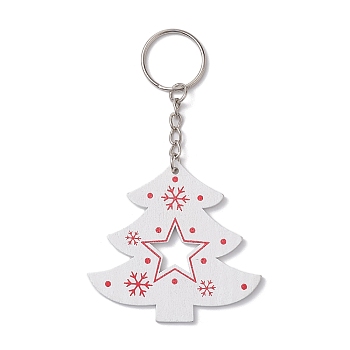 Christmas Wood Kechain, with Iron Split Key Rings, Christmas Tree, White, 11.5cm