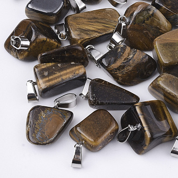 Natural Tiger Eye Pendants, with Stainless Steel Snap On Bails, Nuggets, 15~35x10~20x5~15mm, Hole: 3x7.5mm