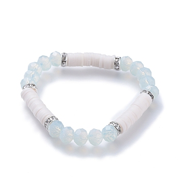 Stretch Bracelets, with Polymer Clay Heishi Beads, Imitation Jade Faceted Glass Beads and Brass Rhinestone Beads, Clear, Inner Diameter: 2-1/4 inch(5.7cm)