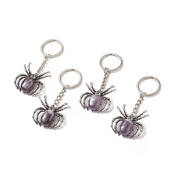Spider Natural Amethyst Pendant Keychain, with Brass Findings, 7.8~7.9cm