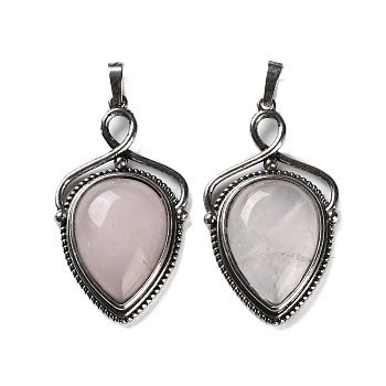 Natural Rose Quartz Pendants, Brass Shield Charms, Antique Silver, Lead Free & Cadmium Free, 45.5x26.5x7mm, Hole: 7x5mm