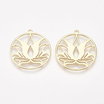 Brass Pendants, Ring with Lotus Flower, Nickel Free, Real 18K Gold Plated, 27x25x1mm, Hole: 1mm