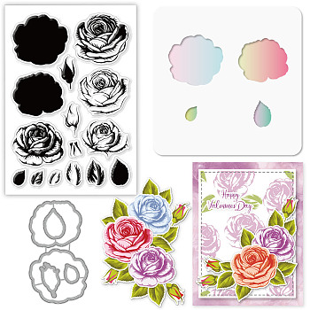 DIY Scrapbook Making Kits, including 1 Sheet PVC Plastic Stamp, 1Pc PET Hollow out Drawing Painting Stencils and 1Pc Carbon Steel Cutting Dies Stencils, Rose Pattern, Stamp: 16x11x0.3cm, Painting Stencils: 13x13cm, Cutting Dies Stencils: 9.1x5.3x0.08cm