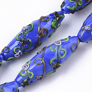 Handmade Gold Sand Lampwork Beads Strands, Bumpy, Rice with Flower Pattern, Blue, 45~47.5x14.5~15.5mm, Hole: 1.5mm, about 10pcs/Strand, 17.72 inch(LAMP-T007-02G)