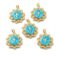Rack Plating Brass Micro Pave Cubic Zirconia with Synthetic Opal Pendants, with Jump Ring, Lead Free & Cadmium Free, Long-Lasting Plated, Flat Round with Cross, Real 18K Gold Plated, 25.5x22.8x4.7mm, Hole: 5x3.6mm(KK-D088-05G)