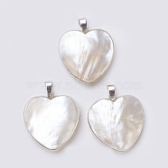 Shell Pendants, with Brass Finding, Heart, Platinum, 33~33.5x31x6~9mm, Hole: 4x7mm(G-E494-B01-P)