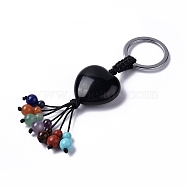 Natural Obsidian Heart with Mixed Gemstone Tassel Keychains, with 304 Stainless Steel Ring Clasps, 8.5~9cm(KEYC-P012-03P-03)