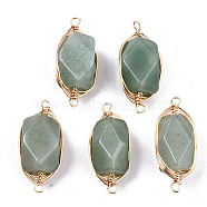 Natural Green Aventurine Links/Connectors, Light Gold Tone Brass Wire Wrapped, Rectangle Octagon, 22~24x9~10x8.5mm, Hole: 1.6mm(G-T131-100A)