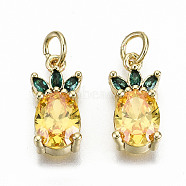 Brass Micro Pave Gold Cubic Zirconia Charms, with Jump Rings, Nickel Free, Pineapple, Real 16K Gold Plated, 14.5x7x4.5mm, Jump Ring: 5x0.8mm, 3.4mm inner diameter(X-ZIRC-S067-155-NF)