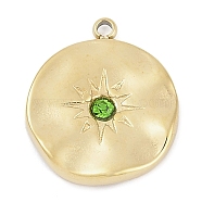 304 Stainless Steel Rhinestone Pendants, Real 14K Gold Plated, Flat Round with Star Charm, Peridot, 17x14.5x2.5mm, Hole: 1.4mm(STAS-L022-477G-02)