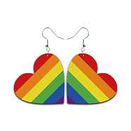 Rainbow Color Pride Flag PU Leather Heart Dangle Earrings, Brass Long Drop Earrings for Women, Colorful, 70x45x1.5mm(RABO-PW0001-018B)