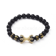 Natural Black Agate(Dyed) Beads Stretch Bracelets, with Round Carved Om Mani Padme Hum Natural Obsidian Beads and Brass Cubic Zirconia Beads, Golden, 2-1/8 inch(5.5cm)(BJEW-JB04801-02)