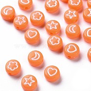 Opaque Acrylic Beads, Flat Round with White Heart & Flower & Moon & Star, Orange, 7x4mm, Hole: 1.6mm(MACR-N008-40D)