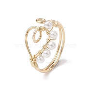 Copper Wire Wrapped Natural Cultured Freshwater Pearl Open Ring, Heart Cuff Finger Ring for Women, Light Gold, 2~14.5mm, Inner Diameter: 19mm(RJEW-JR00634)