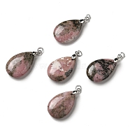 Natural Rhodonite Pendants, Teardrop Charms, with Platinum Plated Brass Snap on Bails, Lead Free & Cadmium Free, 28~29x18~18.5x6~7mm, Hole: 3mm(G-H286-04P-04)